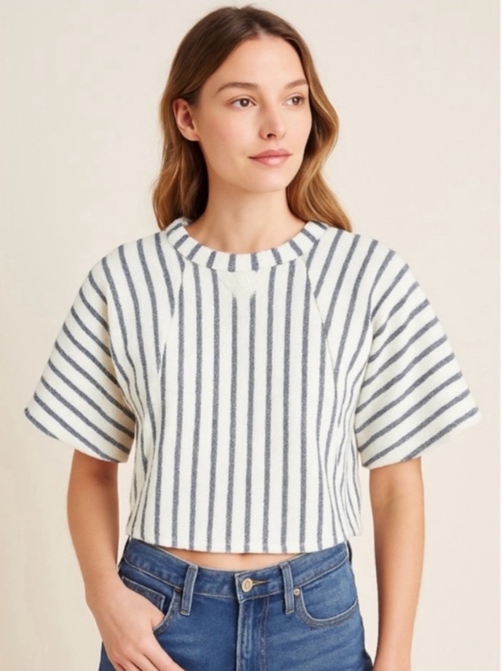 dolan Anthropologie - Striped Cropped Boxy Top - White & Navy XS